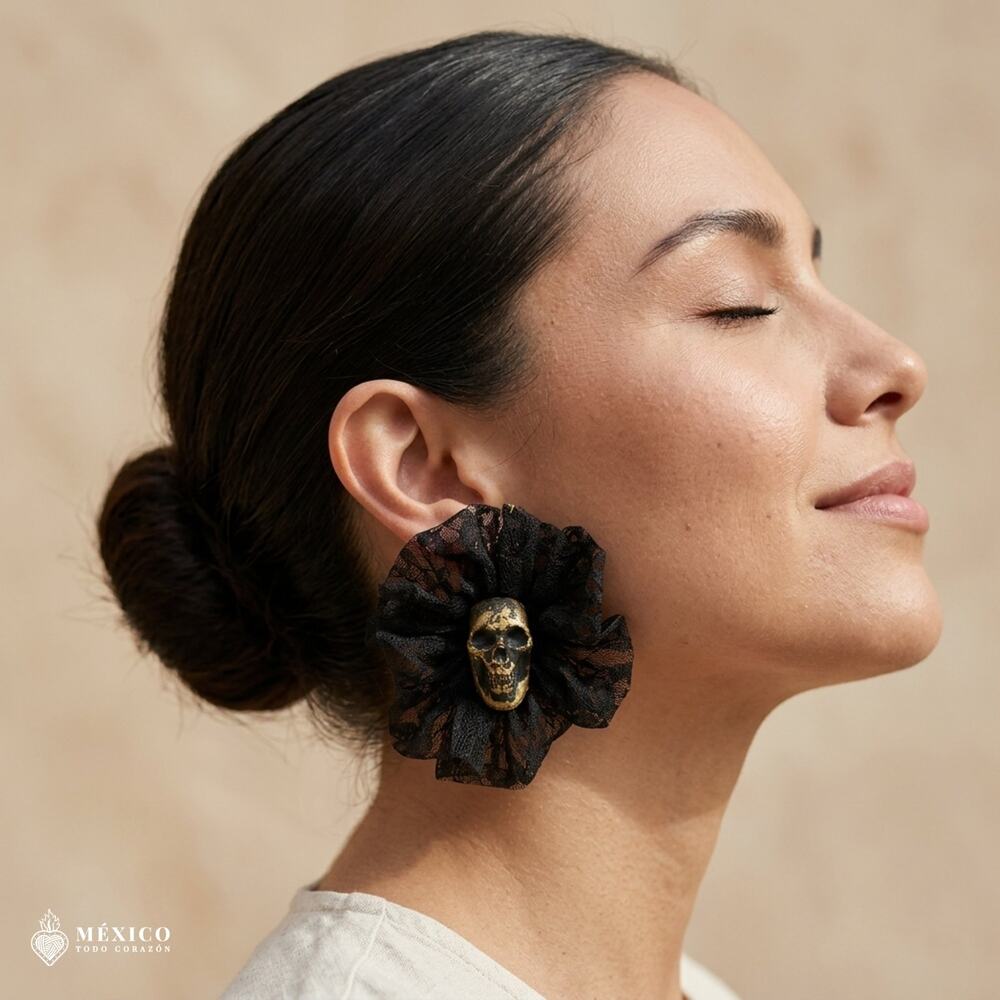 Black Day of the Dead Skull Earrings – Mexican Lace Catrina Style